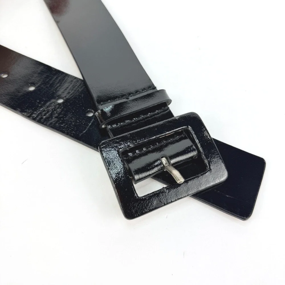 VTG RETRO Wide Nine West M Black Patent Leather Square Buckle Women Belt